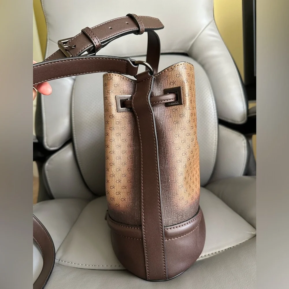Calvin Klein Coated Canvas w/Leather Bucket CrossbodyBag, Brown/Tan Color - Picture 5 of 13
